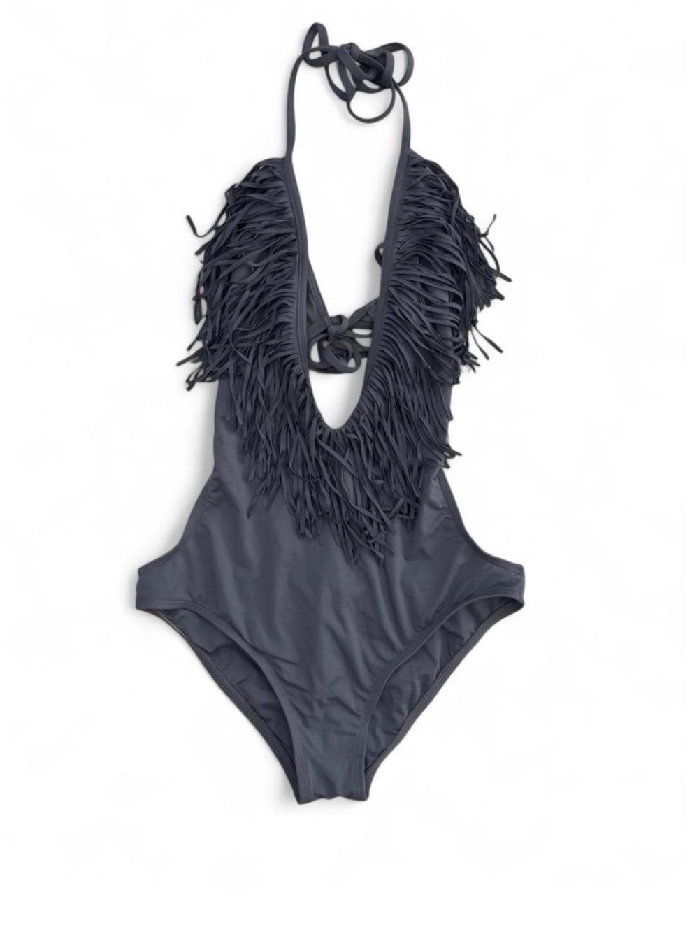 l*space Grey Fringe One-Piece Swimsuit with Plunging Neck and Open Back